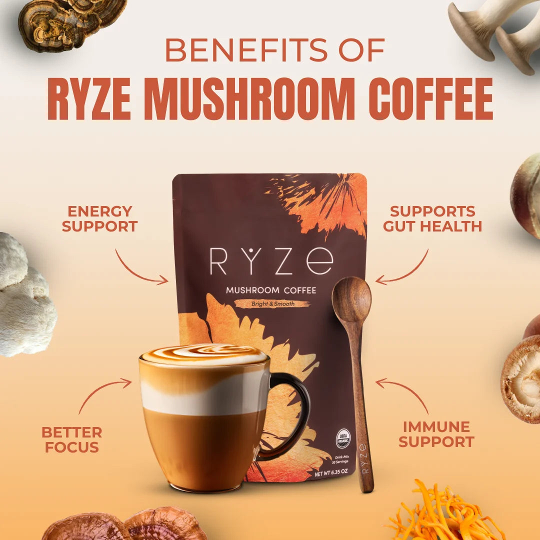 Mushroom Medium Roast Coffee USDA Organic with 6 Adaptogenic Mushrooms, USA Grown Instant Coffee for Better Energy, Focus Digestion Immunity with Lions Mane & Turkey Tail 30 Servings
