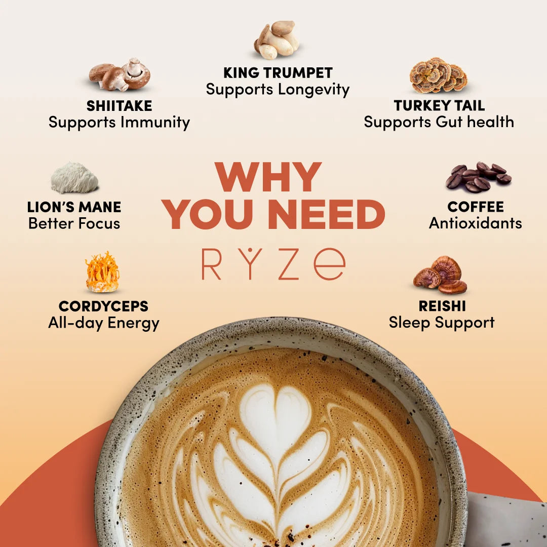 Mushroom Medium Roast Coffee USDA Organic with 6 Adaptogenic Mushrooms, USA Grown Instant Coffee for Better Energy, Focus Digestion Immunity with Lions Mane & Turkey Tail 30 Servings